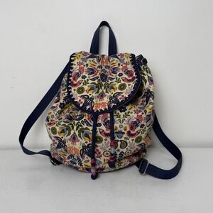 Sakroots Floral Bird Canvas Mini Backpack Boho Drawstring Navy Blue Bag